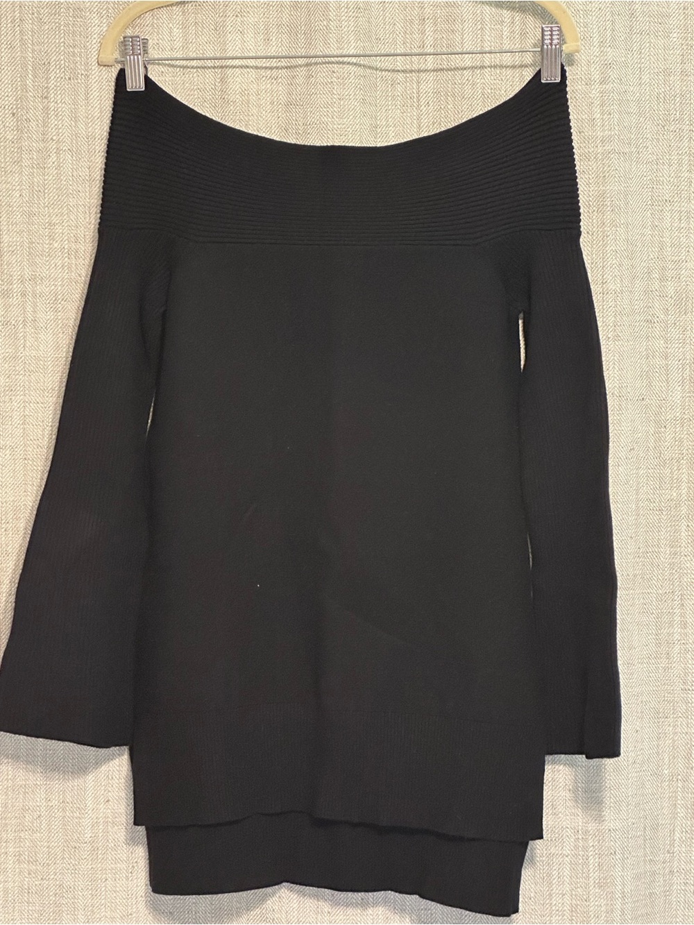 Anthropologie Off-Shoulder Long Sleeve Black Sweater with hint of Bell Sleeves
